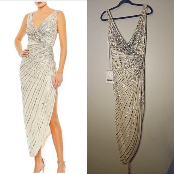 Mac Duggal Dresses & Skirts - Mac Duggal Sequin Faux Wrap Sleeveless Midi Dress Silver/Yellow NWT